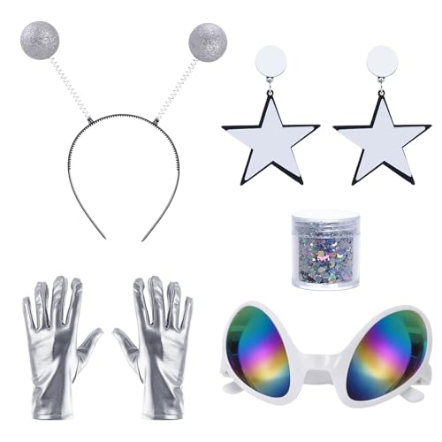 yeabwps 5 Pcs Alien Costume with Antenna Headband Glasses Silver Gloves Earring Face Glitter for Cosplay Space Theme Halloween Costume Party - Image 1