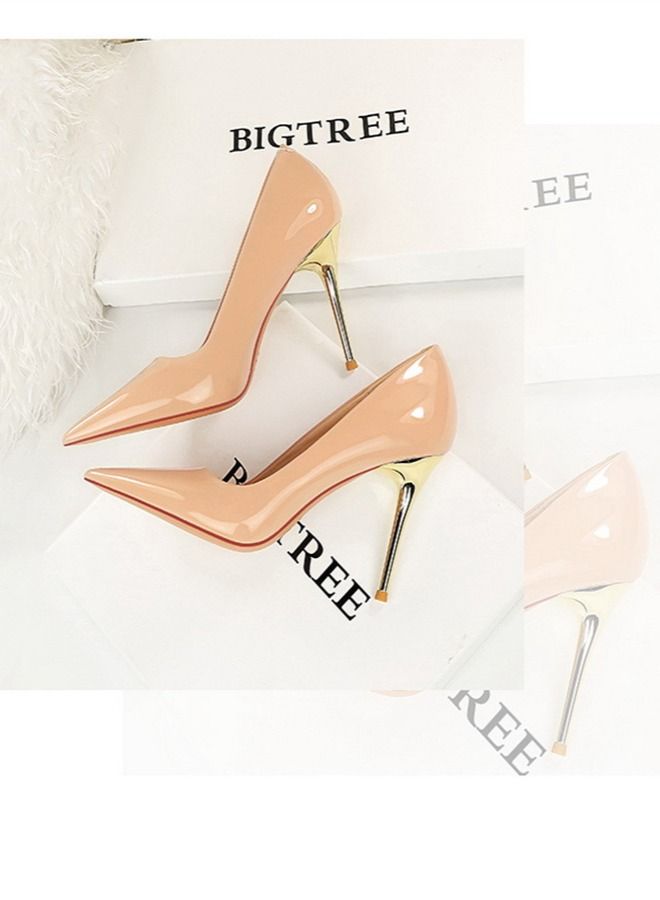 BIGTREE Shallow Pointed Metal Heel High-Heeled Shoes 10CM Beige - Image 2