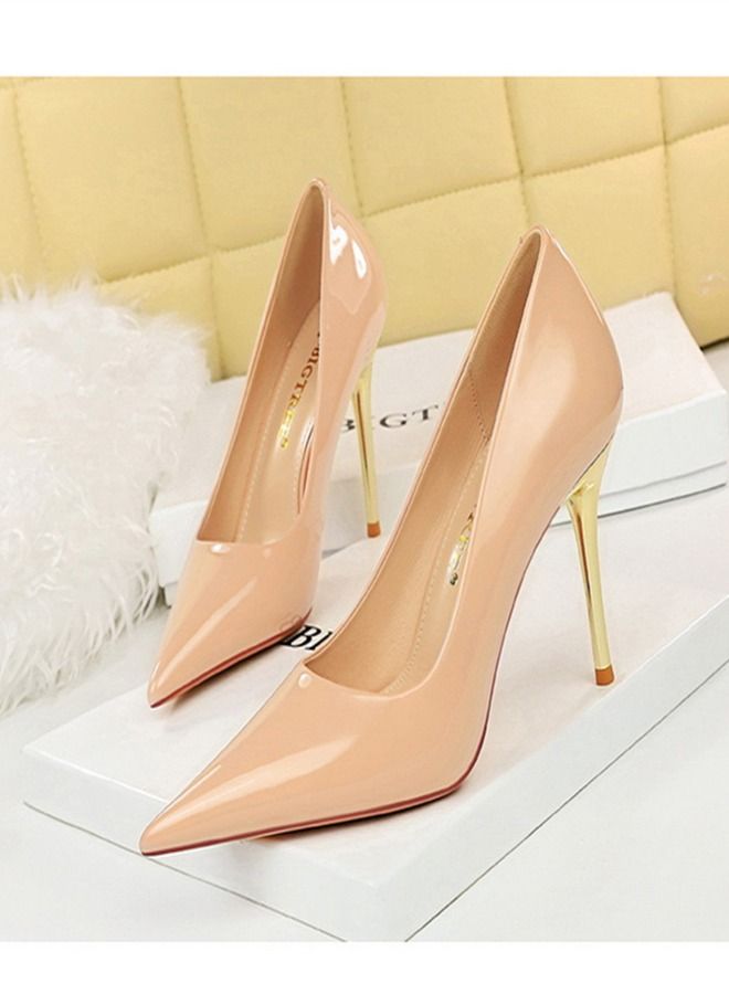 BIGTREE Shallow Pointed Metal Heel High-Heeled Shoes 10CM Beige - Image 1