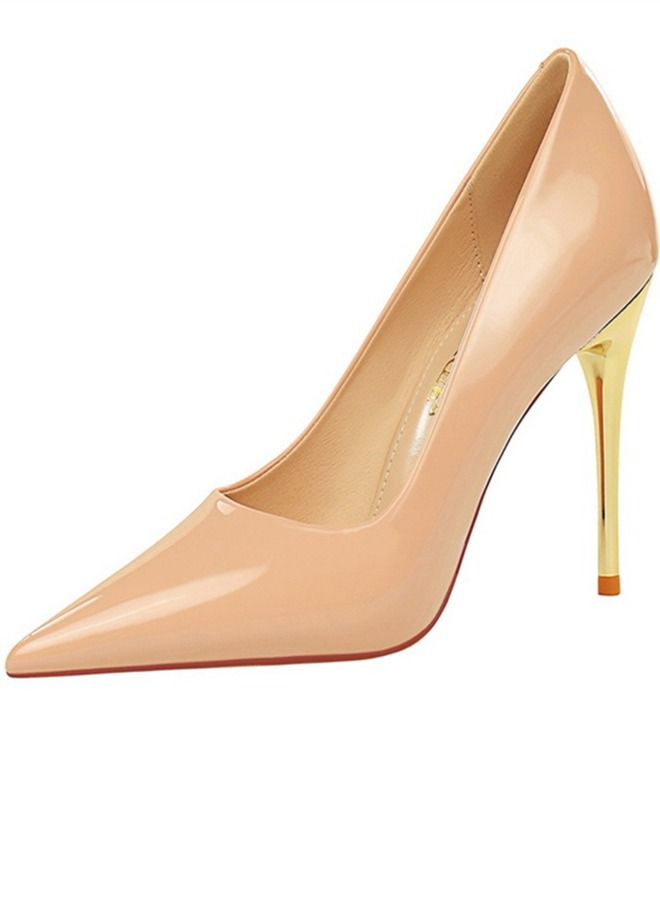 BIGTREE Shallow Pointed Metal Heel High-Heeled Shoes 10CM Beige - Image 4