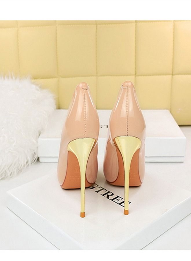 BIGTREE Shallow Pointed Metal Heel High-Heeled Shoes 10CM Beige - Image 3