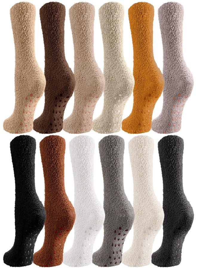 Eurzom 12 Pairs Fuzzy Slipper Socks with Grips for Women Warm Winter Cozy Non Slip Plush Sleep Gripper Neutral Fluffy Socks Winter Valentine's Day Gifts for Indoor Thermal Home Hospital - Image 1