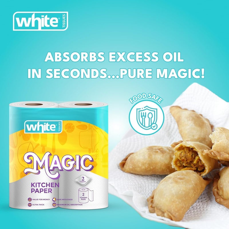 White Tissues Magic Kitchen Paper Rolls, 2-Ply, Ultra Thick, Maximum Oil Absorption, Food Safe, 2 Rolls - Image 2