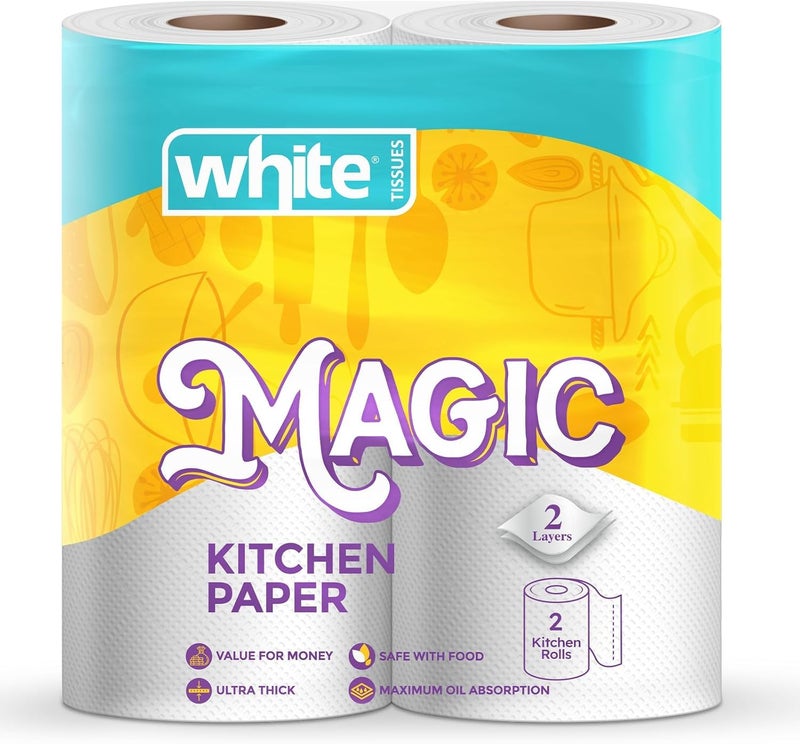 White Tissues Magic Kitchen Paper Rolls, 2-Ply, Ultra Thick, Maximum Oil Absorption, Food Safe, 2 Rolls - Image 1