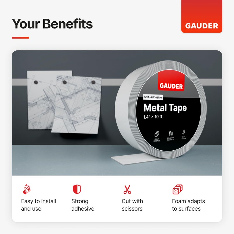 GAUDER Self-Adhesive Metal Tape | Thin Metal Strips for Magnets, Tonies® Figures & Shelves | Ferrous Tape (10 ft) - Image 2