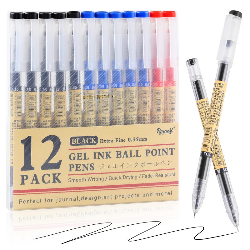 RIANCY Black Blue Red Gel Ink Pens, 0.35mm Extra Fine Point Smooth Writing Rollerball Pens, Japanese Style No Smudge Ballpoint Pen, Quick Drying for Journaling Office School Stationery Supplies 12Pcs - Image 1
