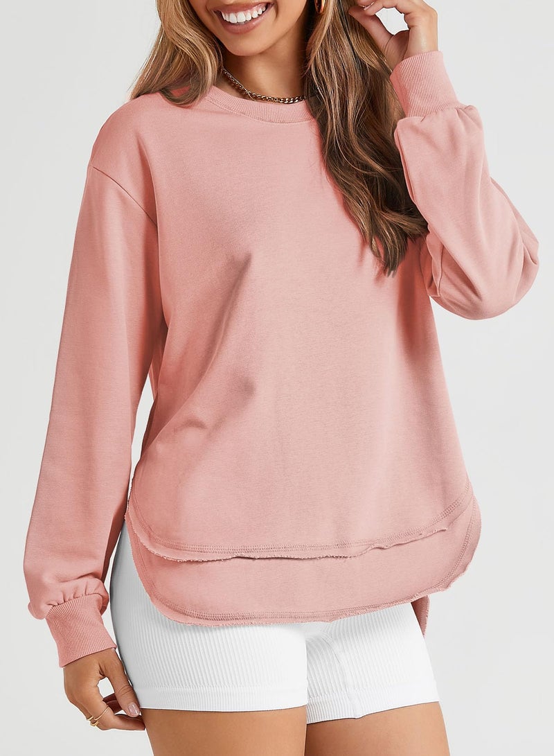 EVALESS Sweatshirt for women Casual Crewneck Long Sleeve Cotton Tops Fall Fashion 2025 Outfits Comfort Colors Loose Side Split Irregular Curved Hem Workout Sweatshirts Pink Large - Image 4