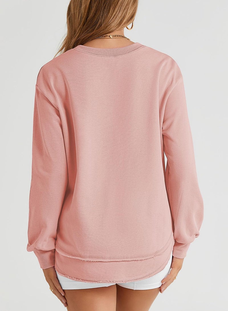 EVALESS Sweatshirt for women Casual Crewneck Long Sleeve Cotton Tops Fall Fashion 2025 Outfits Comfort Colors Loose Side Split Irregular Curved Hem Workout Sweatshirts Pink Large - Image 5
