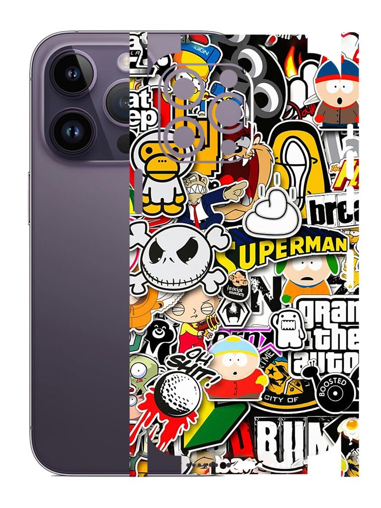 AtOdds - Full Body Back Screen Guard Protector Film - Lamination Wrap Skin Sticker for iPhone 14 Pro Max | Scratchproof Matte Finish (Design - Sticker Bomb) - Image 1
