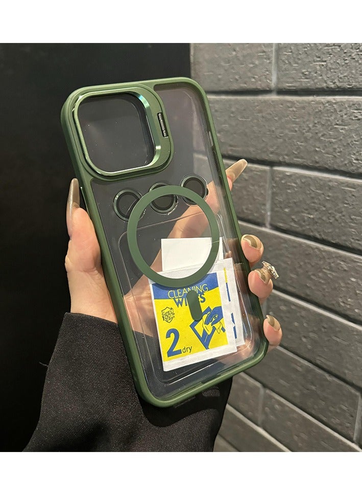 Folding Camera Bracket Matte Magnetic Case for iPhone 16 Pro Max, Wireless Charging with Lens Film Shock-proof Cover, Deep Green - Image 1