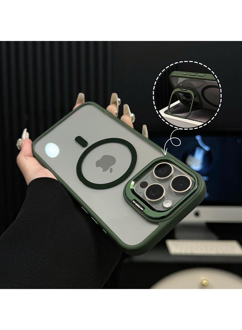 Folding Camera Bracket Matte Magnetic Case for iPhone 16 Pro Max, Wireless Charging with Lens Film Shock-proof Cover, Deep Green - Image 2
