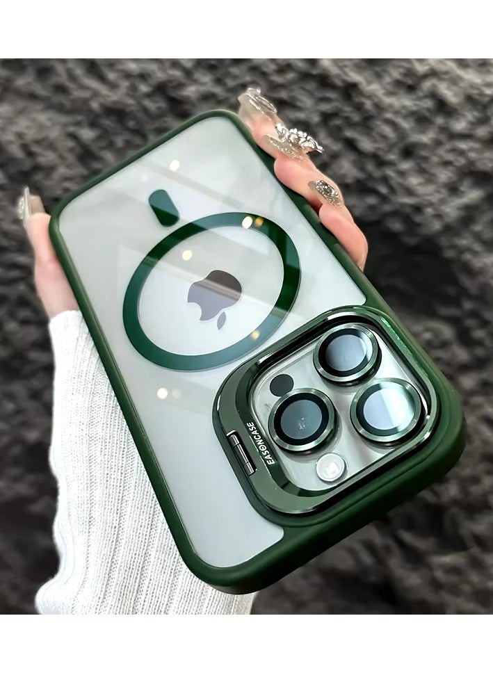 Folding Camera Bracket Matte Magnetic Case for iPhone 16 Pro Max, Wireless Charging with Lens Film Shock-proof Cover, Deep Green - Image 3