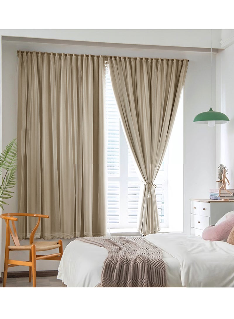 Velcro Curtains With Sheer, No Drill Curtain, 100% Blackout, 1 Panel, Fits Windows 100–130 cm Wide (Dark Beige W200 × H200 cm) - Image 1