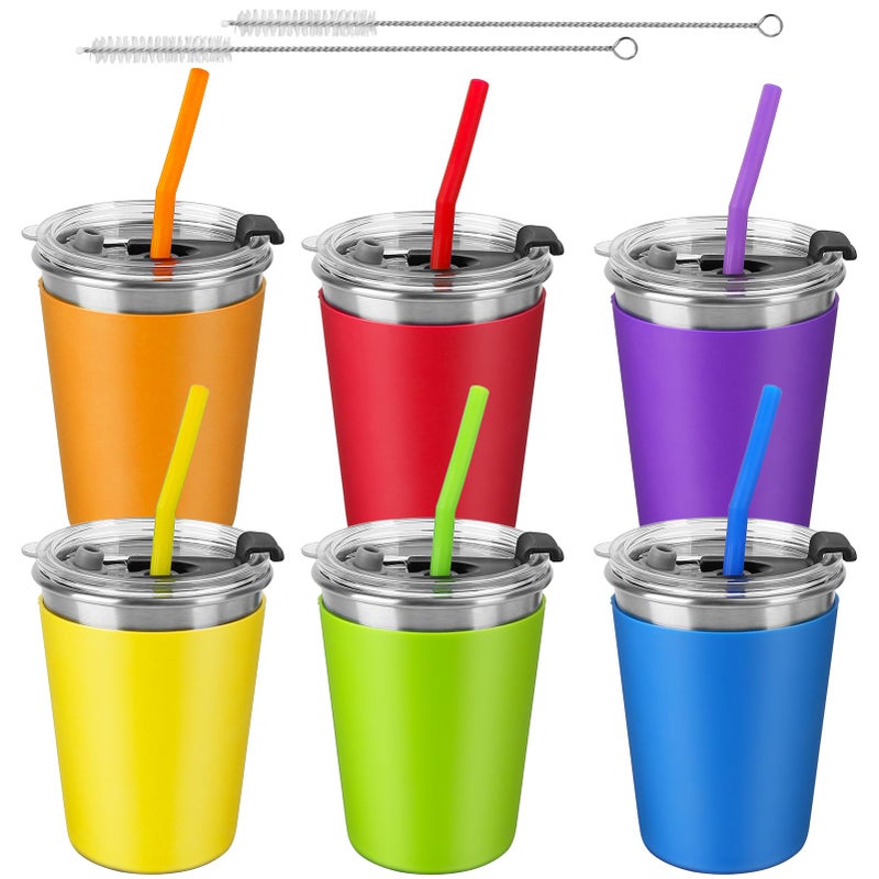 ShineMe 6pcs Spill Proof Cups for Kids12oz Toddler Cups with Straws and Lids Reusable Stainless Steel Kids Cups with Rainbow Color Silicone Sleeves for Cold  Hot Drinks