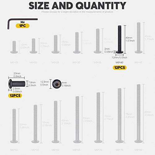 Mardatt 12Sets M6x40mm Black Hex Socket Cap Bolts and Barrel Nuts, Crib Bolts Flat Head Binding Bolt Screw Post for Belt Buckle Leather Furniture - Image 2