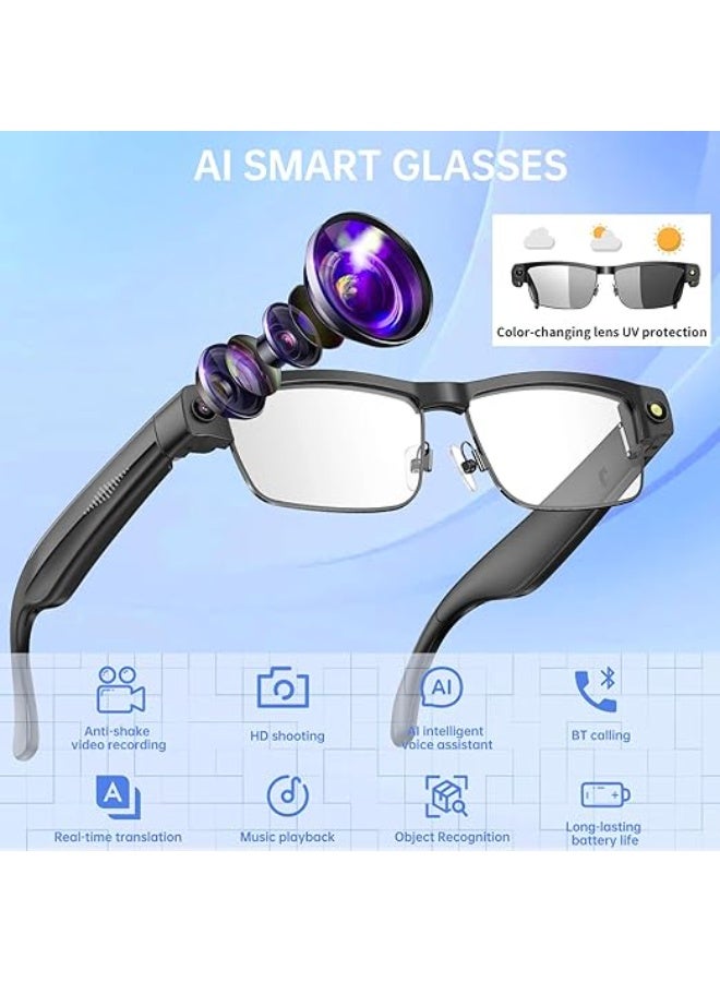 نظارات ذكية تعمل بالذكاء الاصطناعي مع كاميرا بدقة 8 ميجابكسل، مدعومة بتقنية ChatGPT، ونظارات شمسية بكاميرا، ونظارات بلوتوث للرجال مع الترجمة وصوت مفتوح للموسيقى والمكالمات، وميكروفون مزدوج لعزل الضوضاء – إطار معدني أسود + عدسات فوتوكرومية شفافة - Image 1