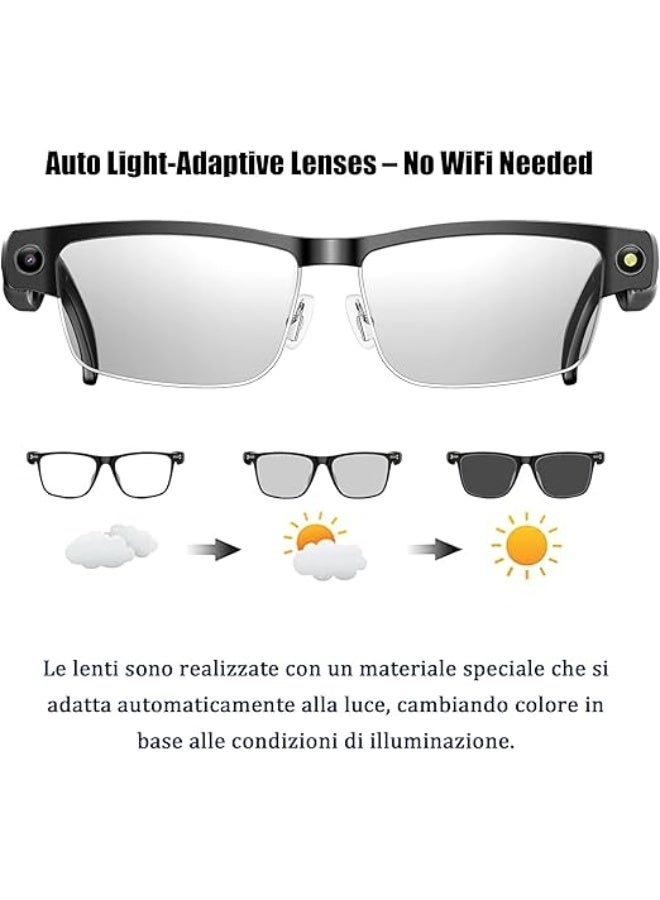 نظارات ذكية تعمل بالذكاء الاصطناعي مع كاميرا بدقة 8 ميجابكسل، مدعومة بتقنية ChatGPT، ونظارات شمسية بكاميرا، ونظارات بلوتوث للرجال مع الترجمة وصوت مفتوح للموسيقى والمكالمات، وميكروفون مزدوج لعزل الضوضاء – إطار معدني أسود + عدسات فوتوكرومية شفافة - Image 3