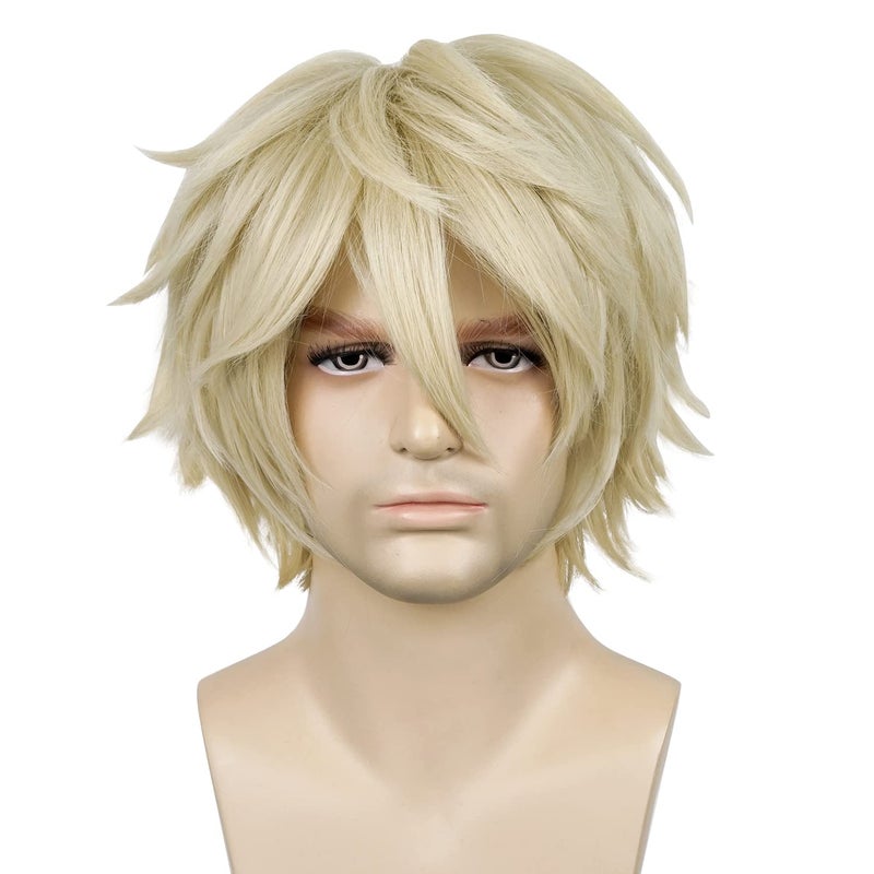 LABEAUTÉ Short Blonde Wig Male Men, Anime Fluffy Golden Cosplay Anime Wigs With Bangs Unisex Heat Resistant Hair for Party Halloween + Free Cap - Image 1