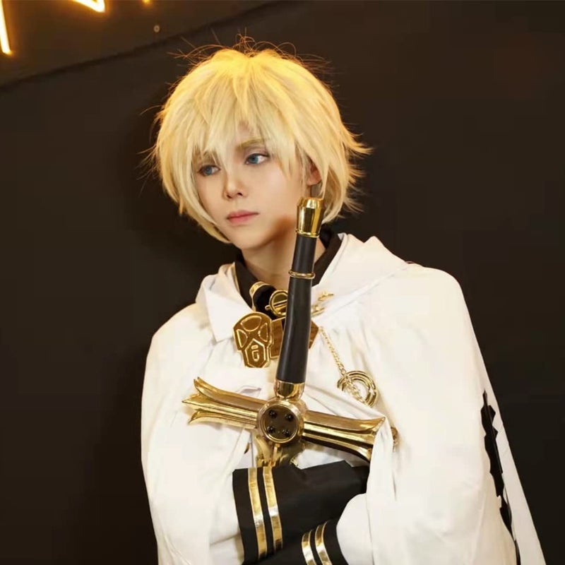 LABEAUTÉ Short Blonde Wig Male Men, Anime Fluffy Golden Cosplay Anime Wigs With Bangs Unisex Heat Resistant Hair for Party Halloween + Free Cap - Image 5