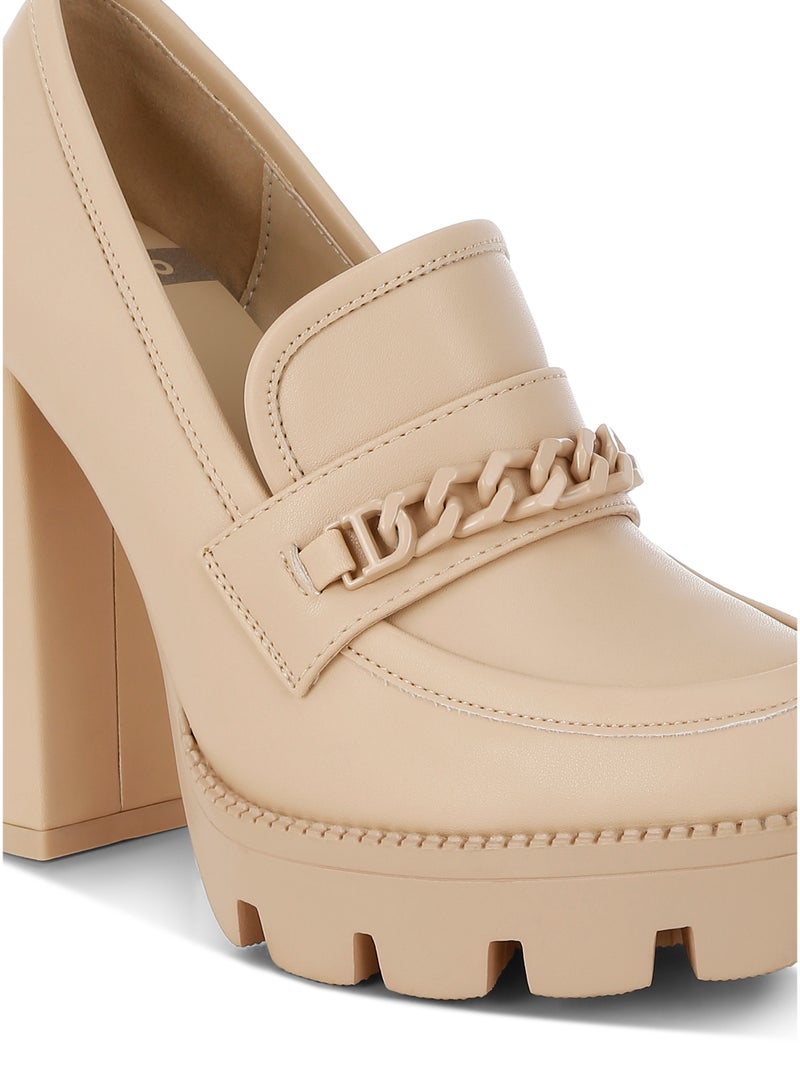 لندن راج حذاء لوفر نسائي من لندن راغ بكعب سميك وسلسلة معدنية باللون البيج - Image 5