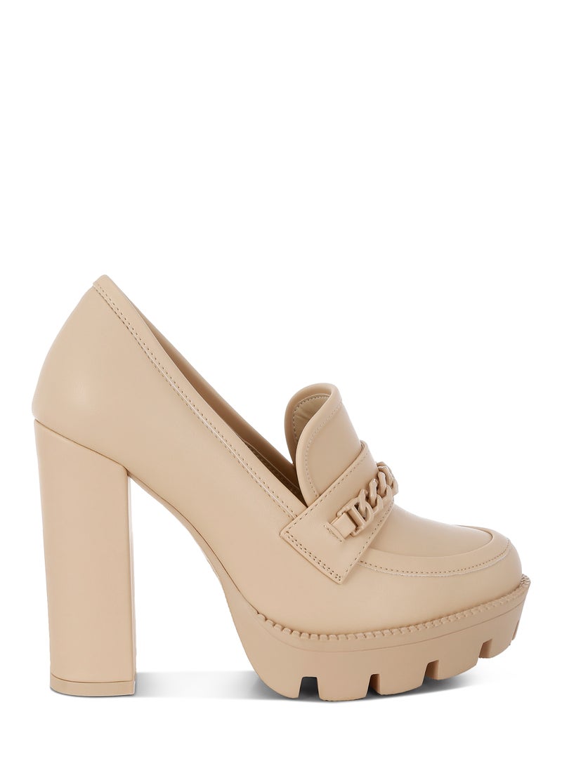 لندن راج حذاء لوفر نسائي من لندن راغ بكعب سميك وسلسلة معدنية باللون البيج - Image 1