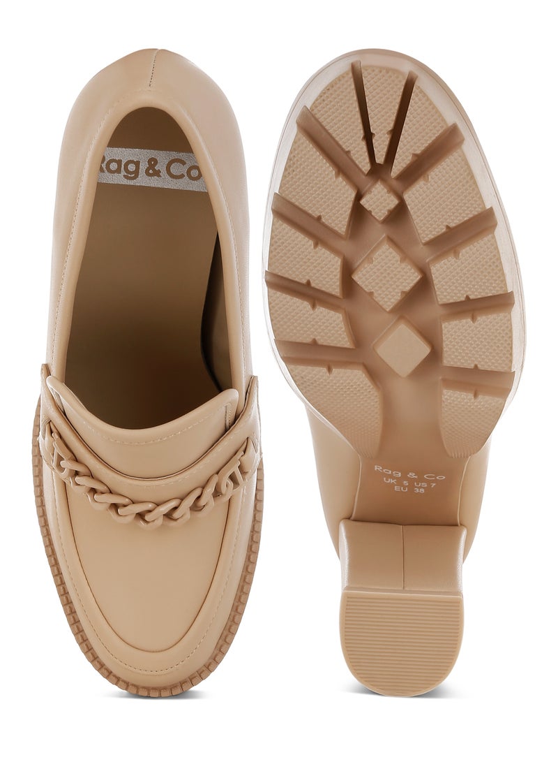 لندن راج حذاء لوفر نسائي من لندن راغ بكعب سميك وسلسلة معدنية باللون البيج - Image 4