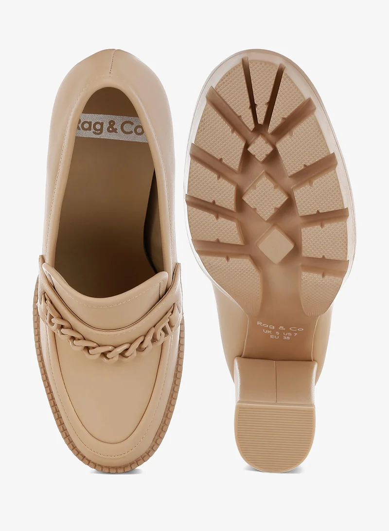 London Rag London Rag Women's Chunky Chain Link Heeled Loafers in Beige