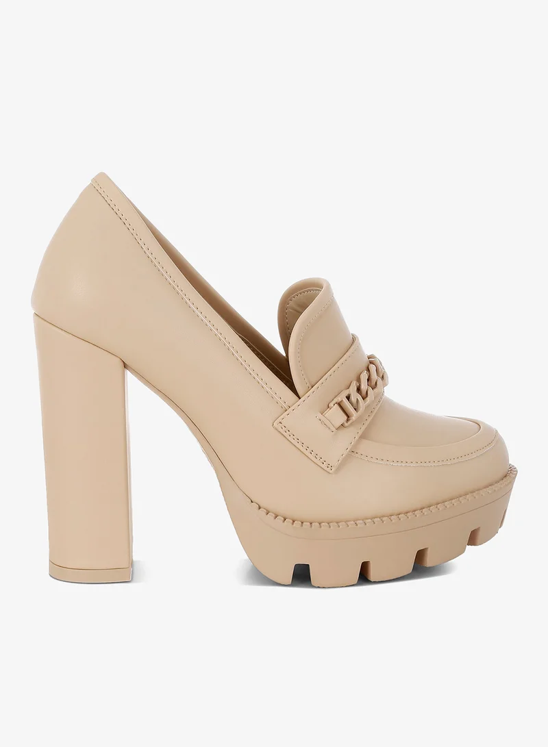 London Rag London Rag Women's Chunky Chain Link Heeled Loafers in Beige