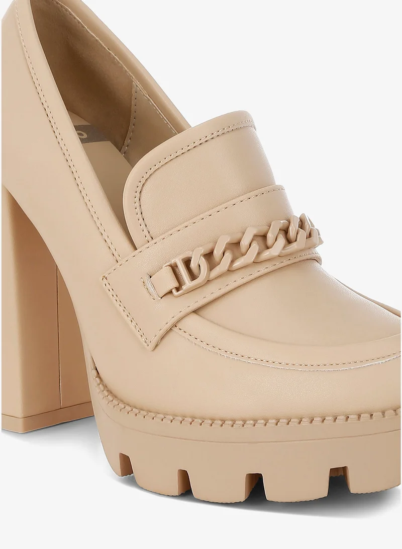 London Rag London Rag Women's Chunky Chain Link Heeled Loafers in Beige