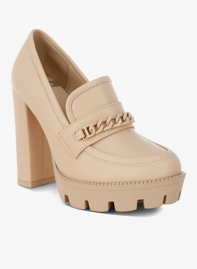 London Rag London Rag Women's Chunky Chain Link Heeled Loafers in Beige