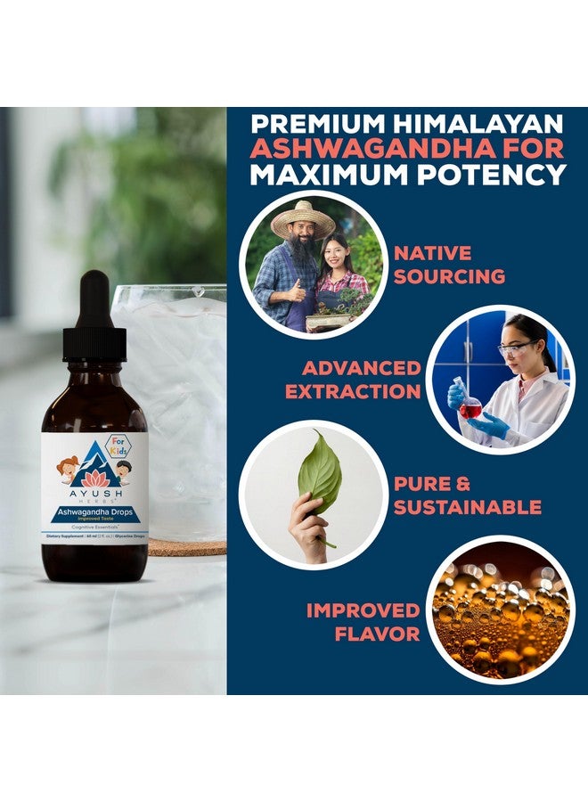 Ayush Herbs قطرات أشواغاندا من أيش هيرب للأطفال والبالغين - قطرات أشواغاندا خالية من الكحول، مكمل يومي مهدئ للتركيز الهادئ بنكهة الليمون - 2 أونصة سائلة (80 حصة) - Image 4