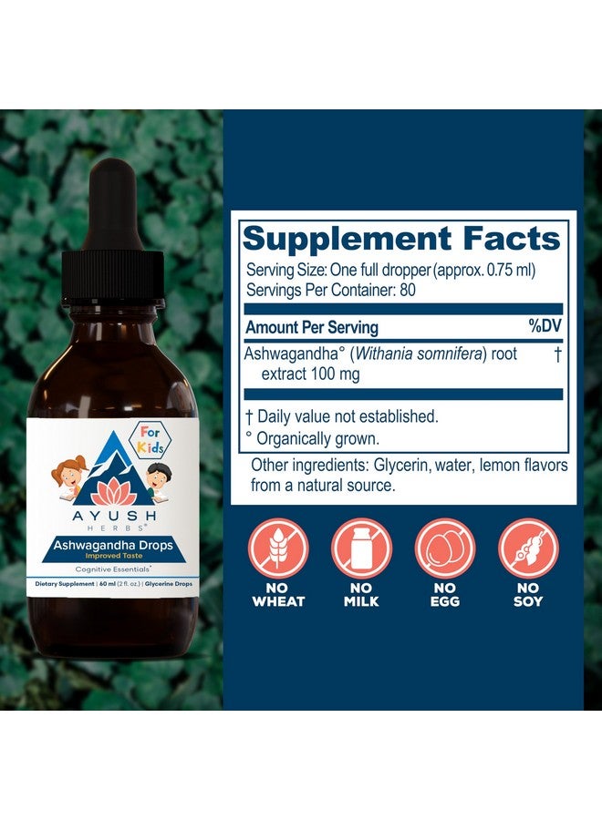 Ayush Herbs قطرات أشواغاندا من أيش هيرب للأطفال والبالغين - قطرات أشواغاندا خالية من الكحول، مكمل يومي مهدئ للتركيز الهادئ بنكهة الليمون - 2 أونصة سائلة (80 حصة) - Image 3