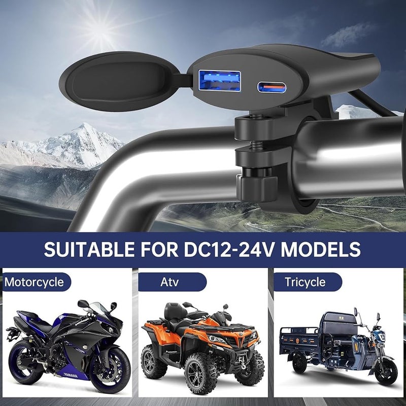 KASTWAVE Motorcycle USB Charger with QC 3.0 & Type-C Port, IP67 Waterproof, DC 12-24V SAE to USB Adapter for Phone & GPS Navigation - Image 2