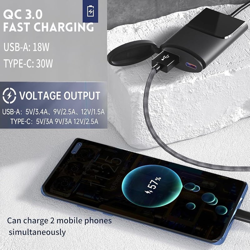 KASTWAVE Motorcycle USB Charger with QC 3.0 & Type-C Port, IP67 Waterproof, DC 12-24V SAE to USB Adapter for Phone & GPS Navigation - Image 4