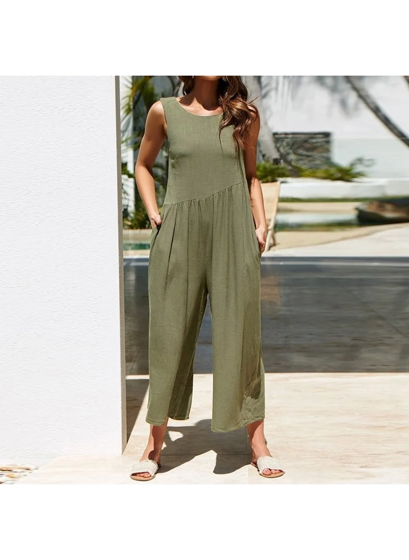 Barbora Linen Summer Daily Casual Backless Women's Jumpsuit LN212HAKI4