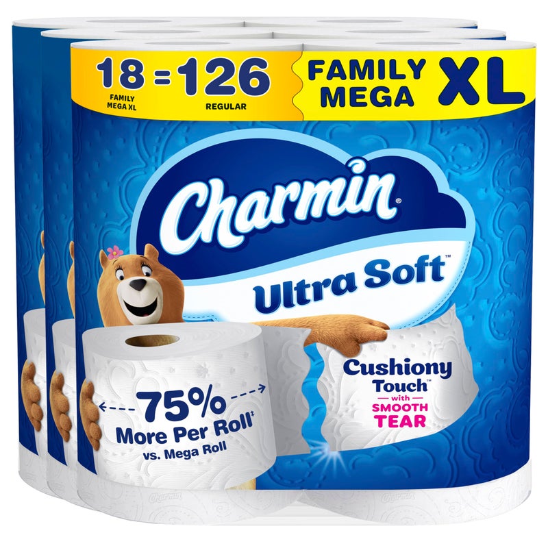 Charmin Ultra Soft Cushiony Touch Toilet Paper, 18 Family Mega XL = 126 Regular Rolls, 2-Ply, White - Image 1