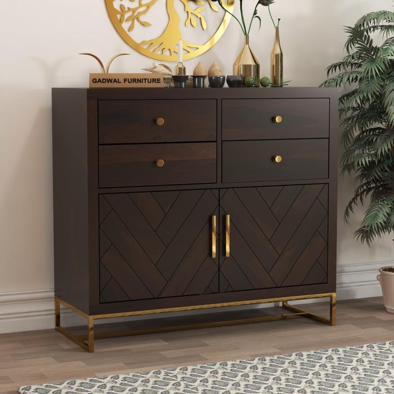 GADWAL FURNITURE GADWAL FURNITURE Solid Sheesham Wood Wooden Cabinet Chest of Drawers Sideboard with 4 Drawers and 2Door Storage Walnut  - Image 1