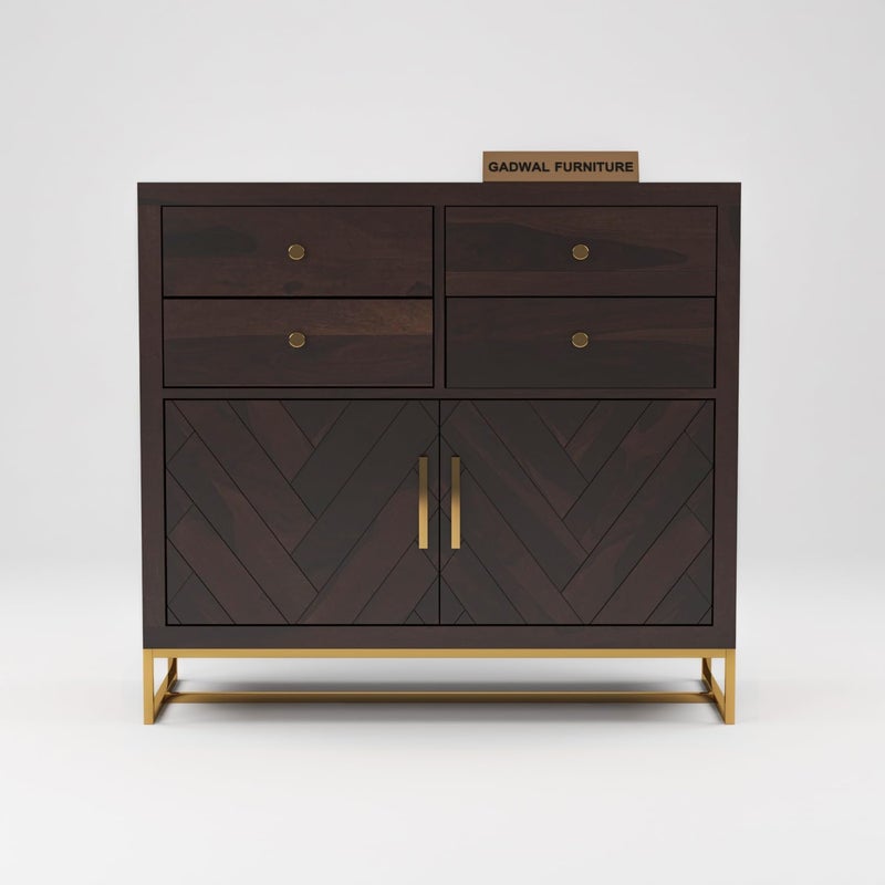 GADWAL FURNITURE GADWAL FURNITURE Solid Sheesham Wood Wooden Cabinet Chest of Drawers Sideboard with 4 Drawers and 2Door Storage Walnut  - Image 3