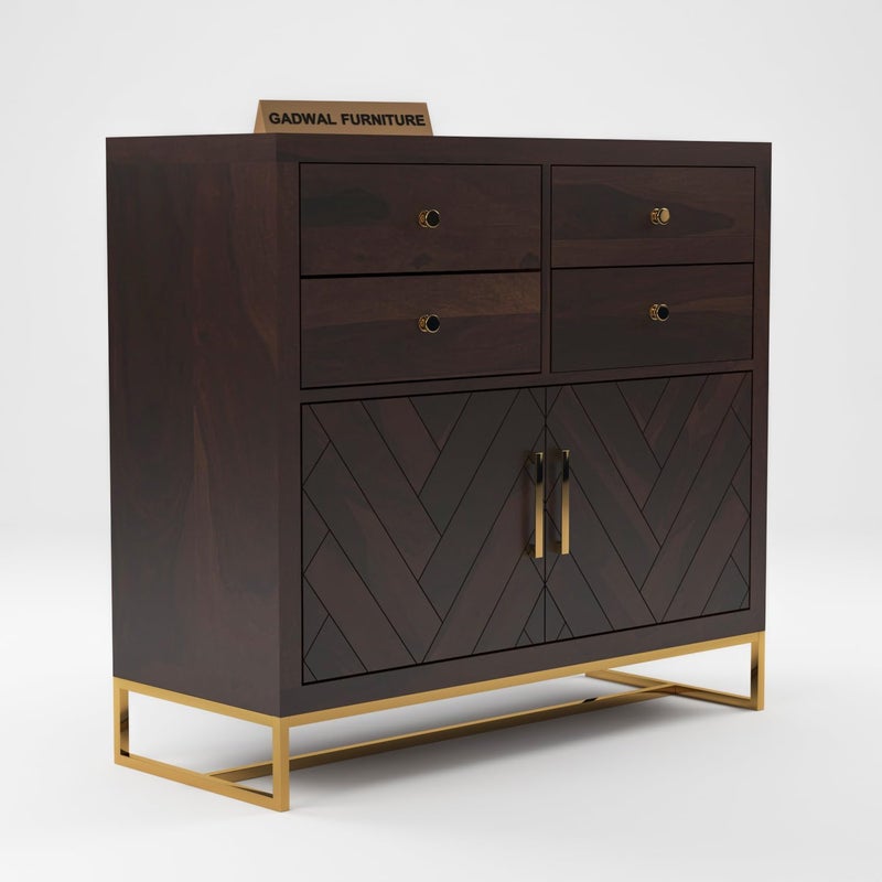 GADWAL FURNITURE GADWAL FURNITURE Solid Sheesham Wood Wooden Cabinet Chest of Drawers Sideboard with 4 Drawers and 2Door Storage Walnut  - Image 4