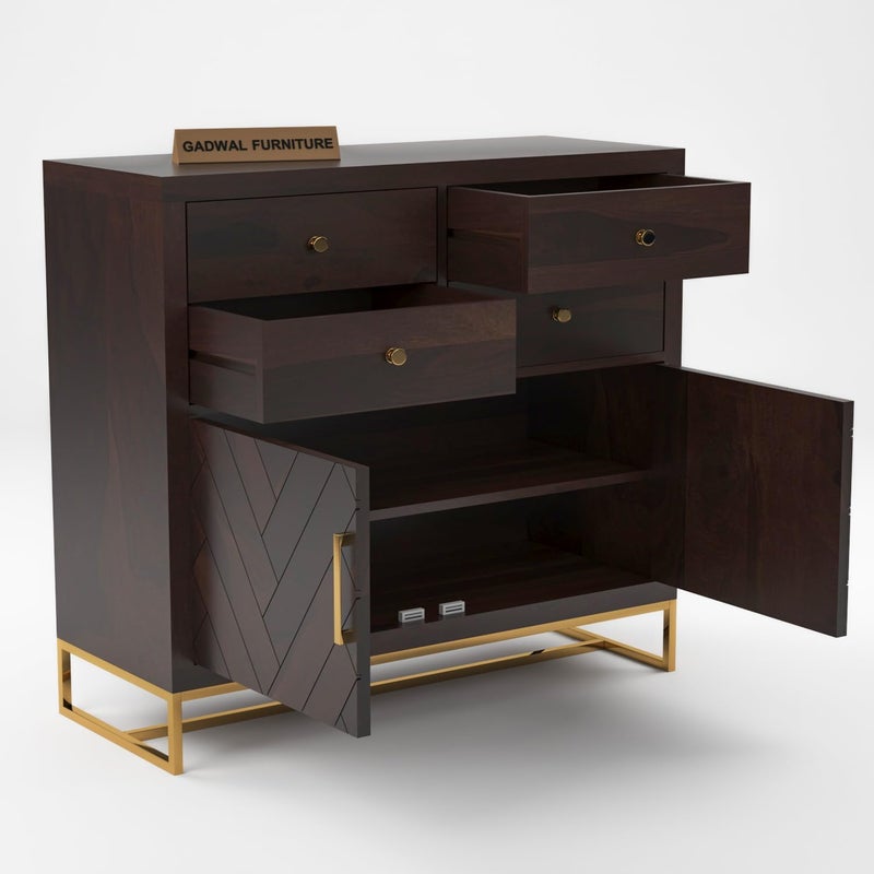 GADWAL FURNITURE GADWAL FURNITURE Solid Sheesham Wood Wooden Cabinet Chest of Drawers Sideboard with 4 Drawers and 2Door Storage Walnut  - Image 5