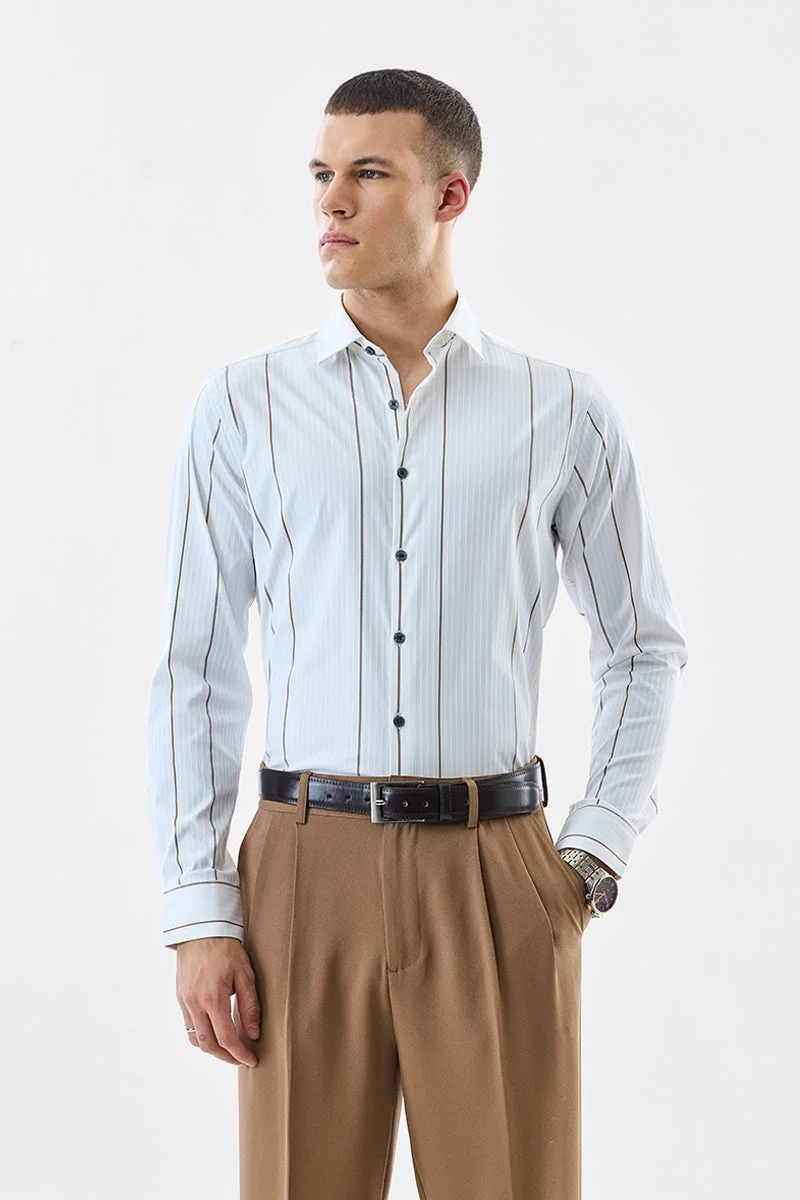 سنيتش White Striped Long Sleeve Slim Fit Formal Luxe Shirt