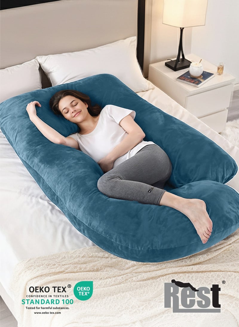 Rest Premium Velvet G Shaped Pregnancy Pillow  70x140cm  Maternity Full Body Pillow For Pregnant Women for Back , Hip , Neck and Knee Support with Removal Cover , Teal - Image 2