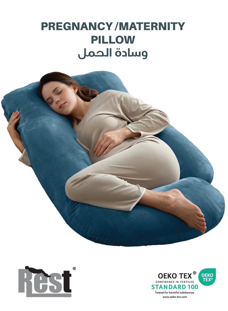 Rest Premium Velvet G Shaped Pregnancy Pillow  70x140cm  Maternity Full Body Pillow For Pregnant Women for Back , Hip , Neck and Knee Support with Removal Cover , Teal - Image 1