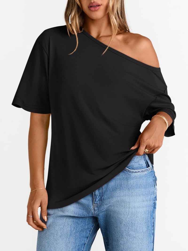 LILLUSORY Off The Shoulder Tops Oversized Tshirts Short Sleeve Basic Tee 2026 Casual Trendy Cute Asymmetrical Summer Fashion Clothes Black L - Image 2
