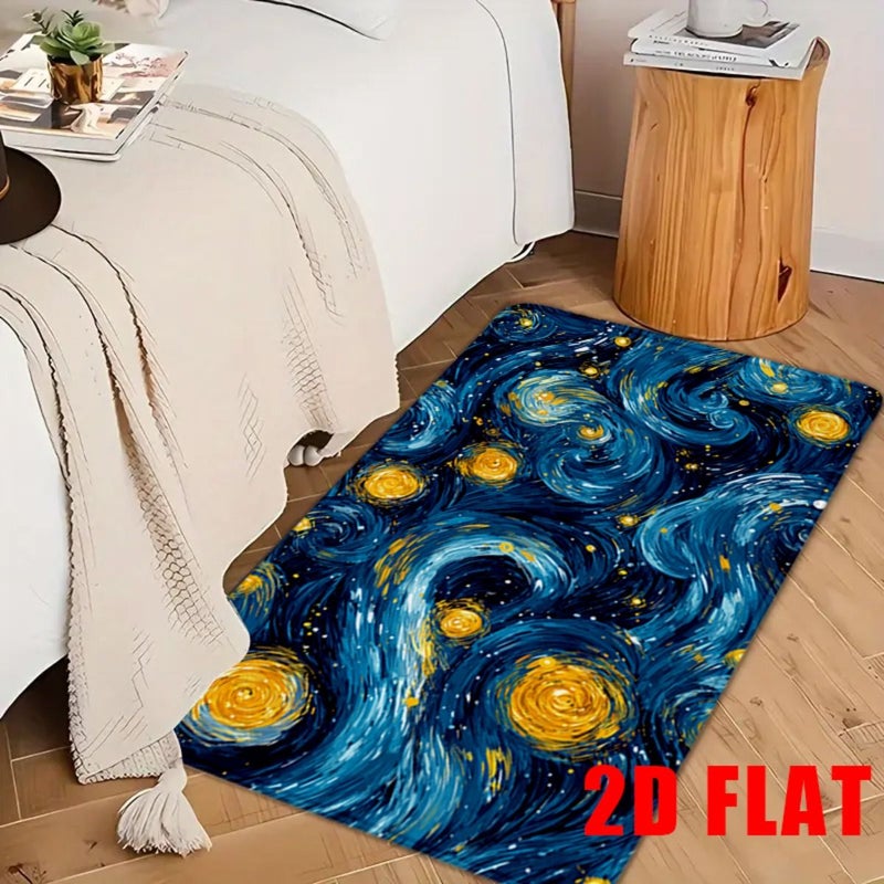 20x31 Inch Soft Flannel Bathroom Shower Anti Slip Mat Artistic Starry Night Pattern Blue And Yellow Cosmic Decor - Image 2