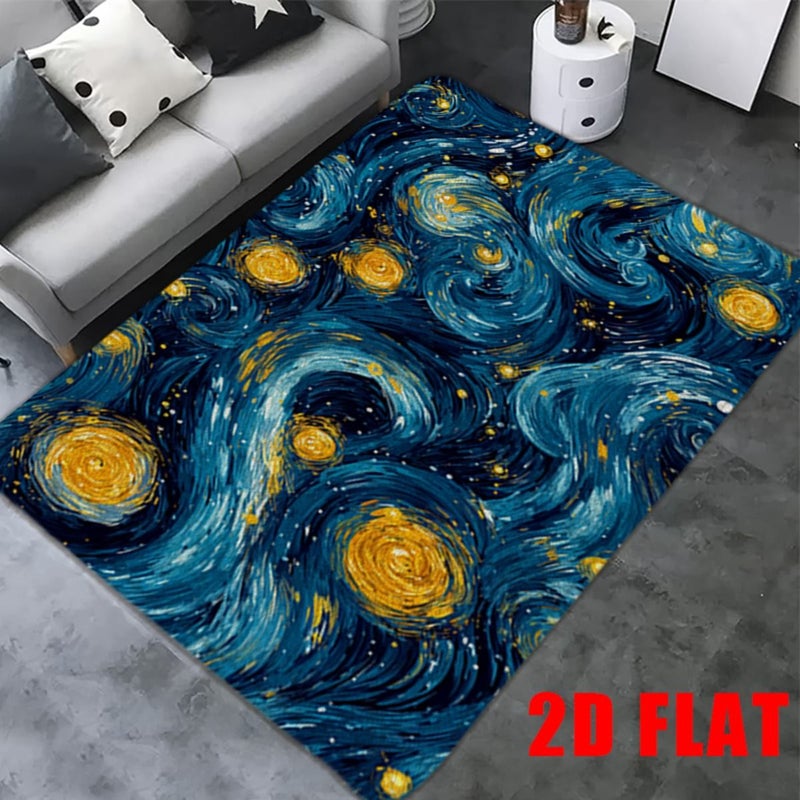 20x31 Inch Soft Flannel Bathroom Shower Anti Slip Mat Artistic Starry Night Pattern Blue And Yellow Cosmic Decor - Image 1