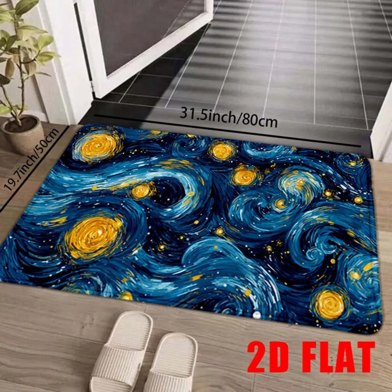 20x31 Inch Soft Flannel Bathroom Shower Anti Slip Mat Artistic Starry Night Pattern Blue And Yellow Cosmic Decor - Image 3