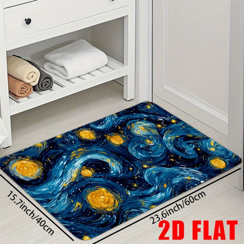 20x31 Inch Soft Flannel Bathroom Shower Anti Slip Mat Artistic Starry Night Pattern Blue And Yellow Cosmic Decor - Image 5