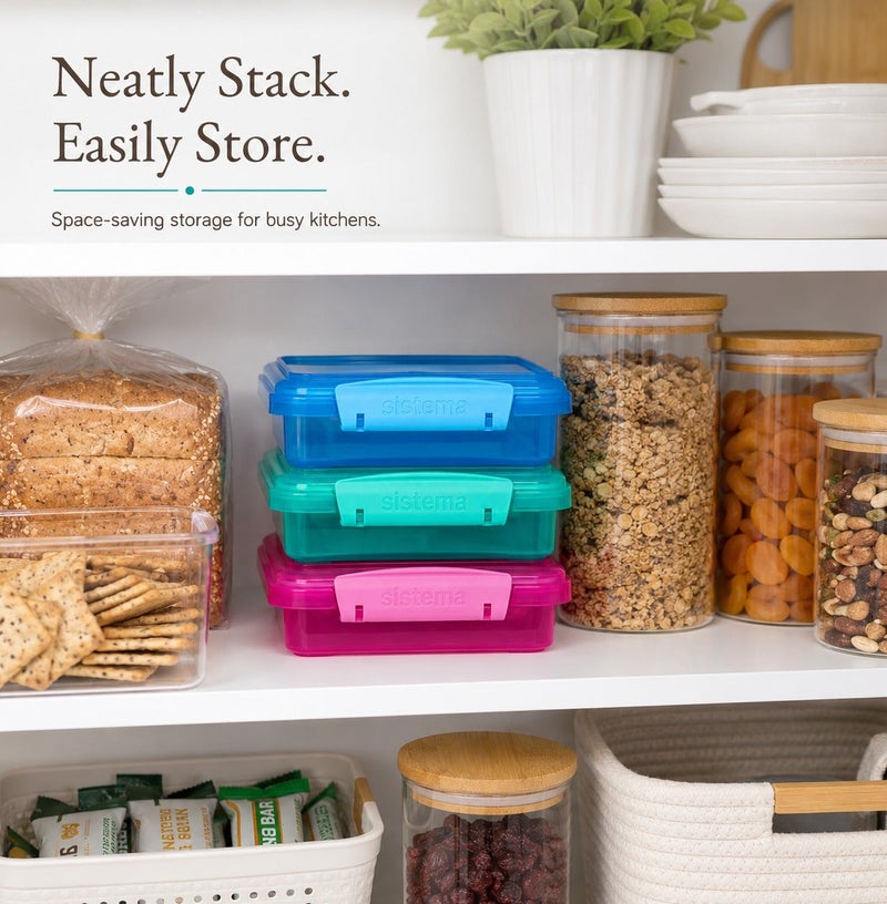 Sistema Sandwich Coloured 3 Pack 450ml Food Storage Containers with Easy Lock Clip Lids, BPA Free Reusable Sandwich Boxes for Lunch, Snacks & Meal Prep, Made in New Zealand - Image 2