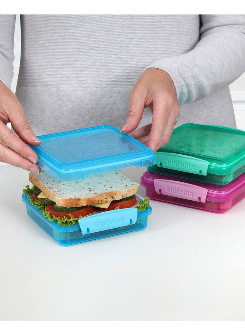 Sistema Sandwich Coloured 3 Pack 450ml Food Storage Containers with Easy Lock Clip Lids, BPA Free Reusable Sandwich Boxes for Lunch, Snacks & Meal Prep, Made in New Zealand - Image 4
